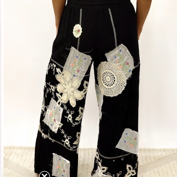 NWOT POL black patchwork relaxed cotton wide-leg pants /crochet and embroidered - Picture 13 of 13